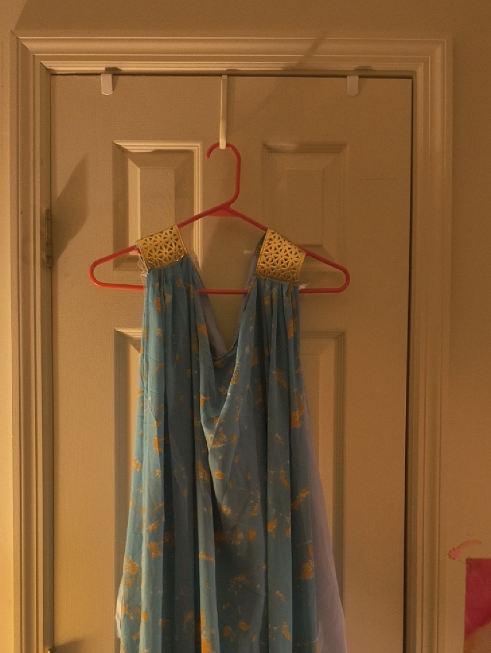 Blue and Gold Printed Draped Maxi Dress